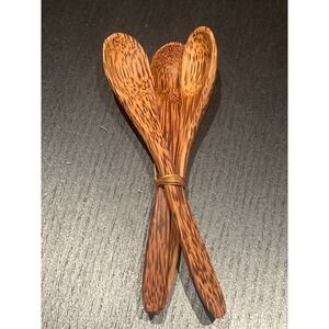 Vintage Handcrafted Tiny Coconut Wood Spoons Set of 3 Natural Palm Wood Brown